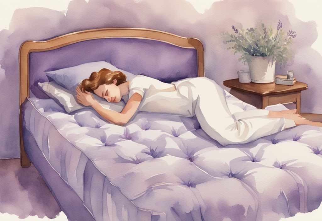 Vintage Aquarell-Illustration einer Person, die auf einer Matratze schläft, wobei der Lendenbereich hervorgehoben wird, um zu zeigen, welche Matratze bei Rückenschmerzen im Lendenbereich unterstützt.