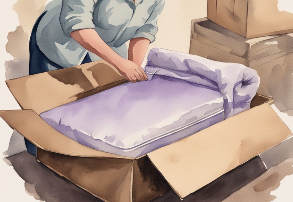 Vintage Aquarellillustration in Lavendel-Tönen zeigt Schritt-für-Schritt-Anleitung zum ordentlichen Verpacken einer Emma Matratze in Originalkarton zur Rücksendung.