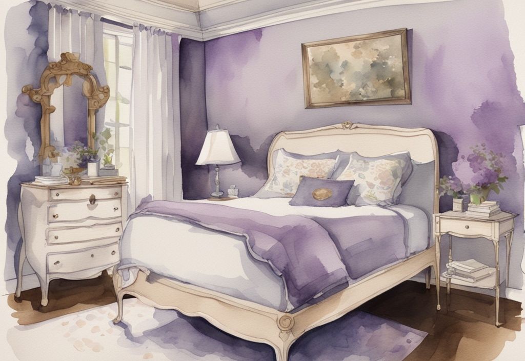 Vintage Aquarell-Illustration eines elegant eingerichteten Schlafzimmers mit einem Queen-Size-Bett in Lavendel-Farbtönen und klar angegebenen Maßen.
