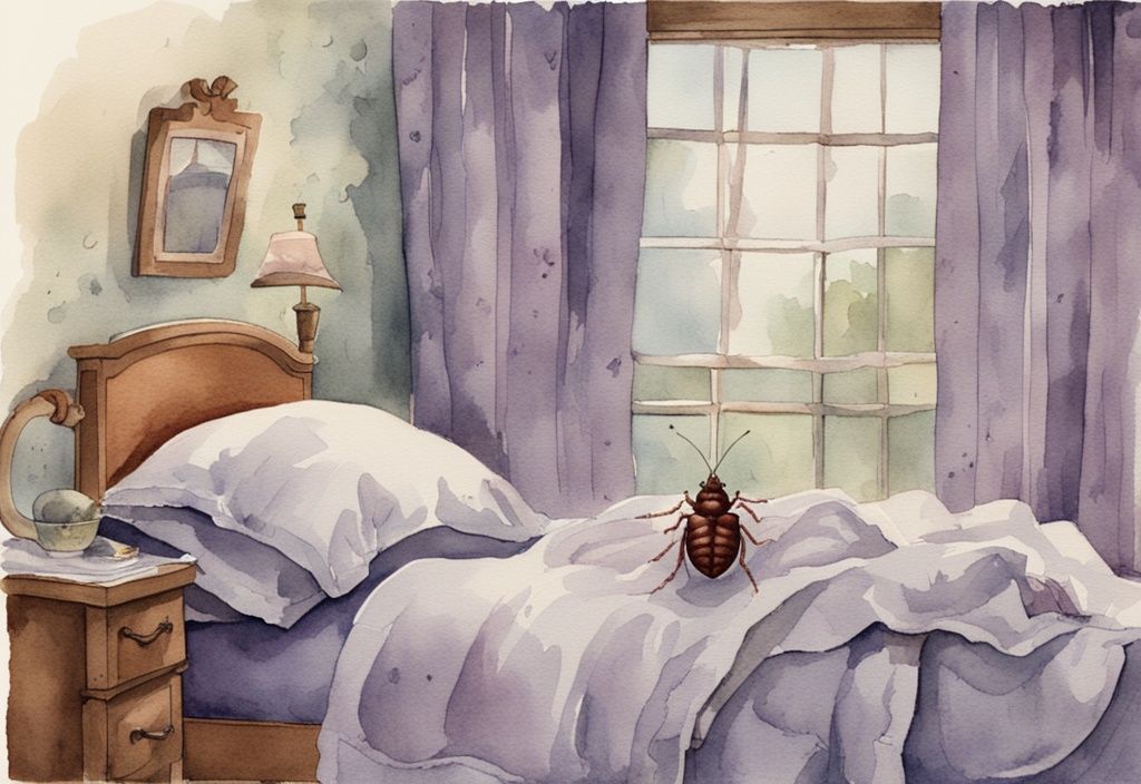 Vintage Aquarellillustration von Bettwanzen, die von einem nahegelegenen Objekt durch die Bettwäsche zur Matratze wandern, in Lavendel-Farbtönen.