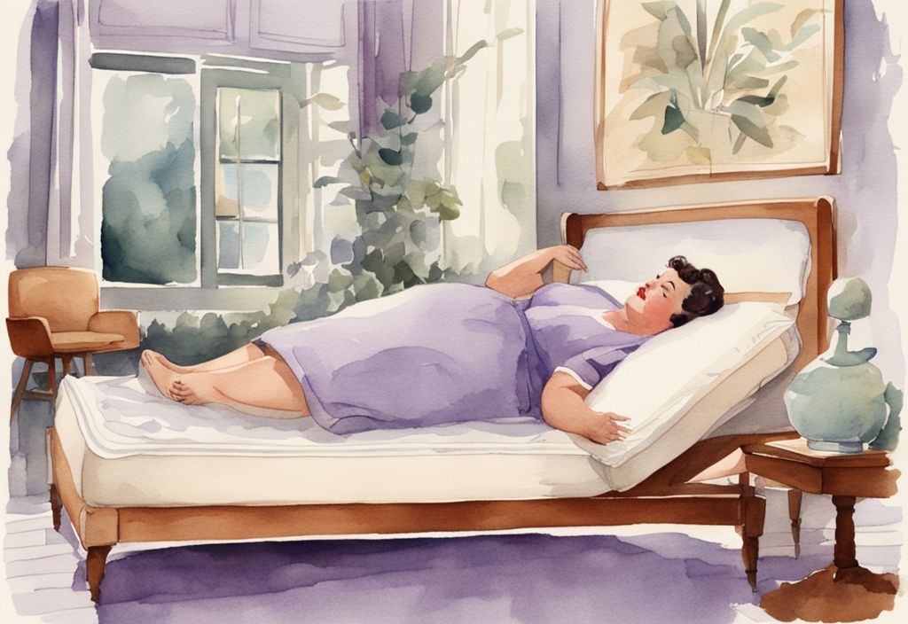 Vintage Aquarell-Illustration mit Lavendel-Thema: Plus-Size Person testet die Festigkeit und Unterstützung einer komfortablen und stabilen Matratze - welche Matratze bei Übergewicht.