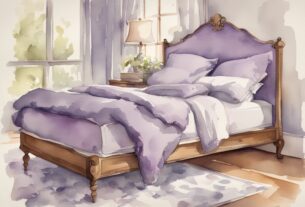 Vintage Aquarell-Illustration eines ordentlich gemachten Bettes mit einem weichen Topper, was ist ein Topper fürs Bett, in Lavendelfarben.