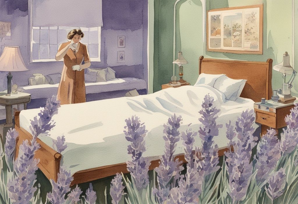 Vintage-Aquarellillustration eines mit Milben befallenen Bettes im Vordergrund, im Hintergrund eine Person mit Sprühflasche zur Milbenbehandlung, Farbthema Lavendel.