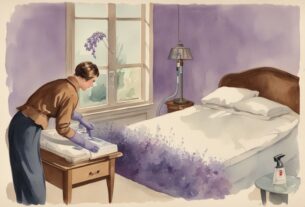 Vintage-Aquarell-Illustration einer Person, die gründlich ein Bett mit einem Staubsauger reinigt, mit vergrößertem Ausschnitt, der Milbenentfernung zeigt, was tun gegen Milben im Bett
