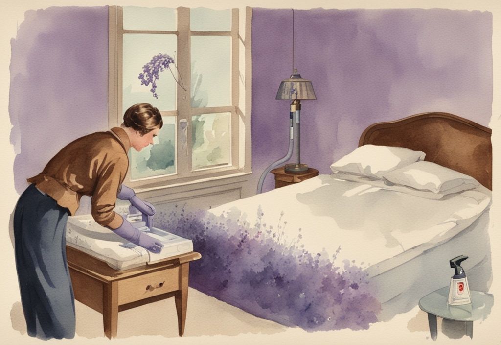Vintage-Aquarell-Illustration einer Person, die gründlich ein Bett mit einem Staubsauger reinigt, mit vergrößertem Ausschnitt, der Milbenentfernung zeigt, was tun gegen Milben im Bett