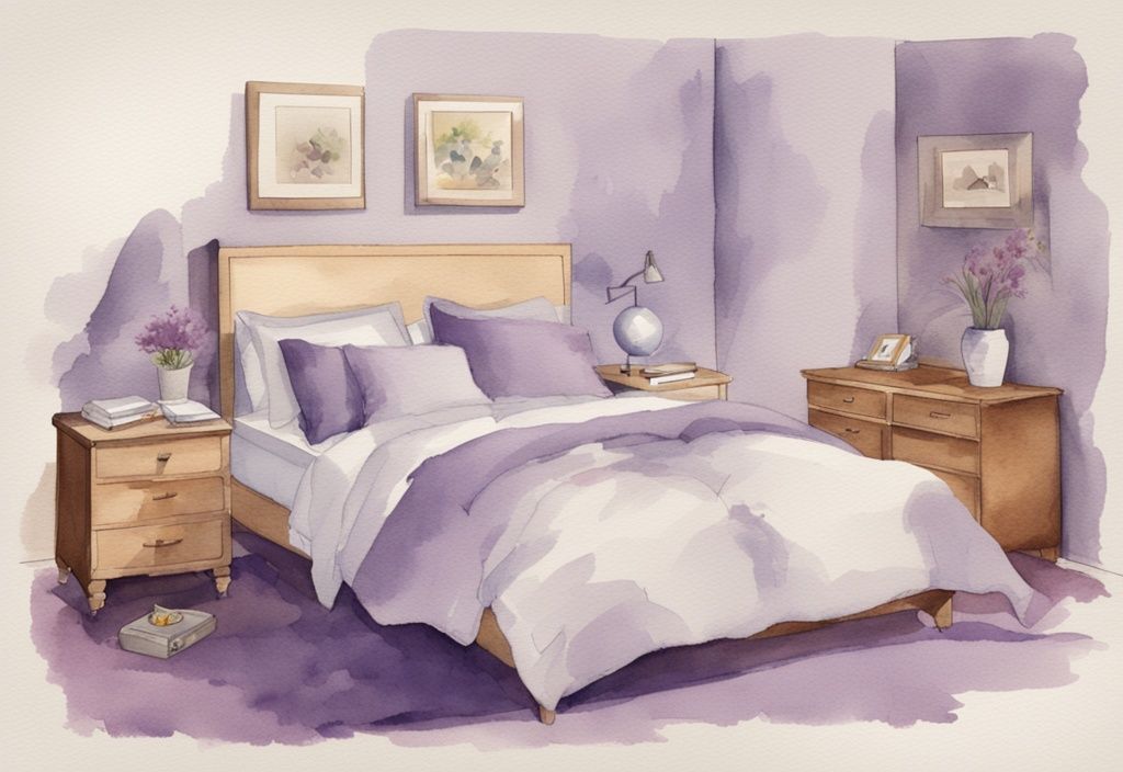Vintage Aquarell-Illustration eines 140x200 Bettes mit perfekt passender Bettwäsche und Maßband, welche Größe Bettwäsche für 140x200 Bett darstellt
