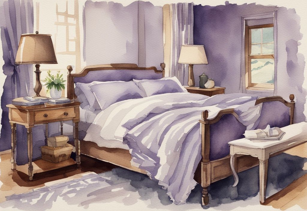 Vintage Aquarellillustration eines ordentlich gemachten Bettes mit Leinenbettwäsche, Nahaufnahme der Stofftextur und -webart, was ist Linon Bettwäsche
