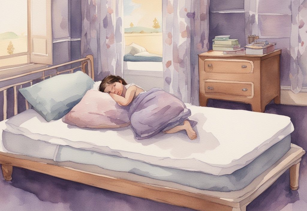 Vintage Aquarellillustration eines schlafenden Kindes auf einer 90x200 Matratze, umgeben von verschiedenen Matratzenoptionen für Kinder, welche Matratze für Kinder 90x200.