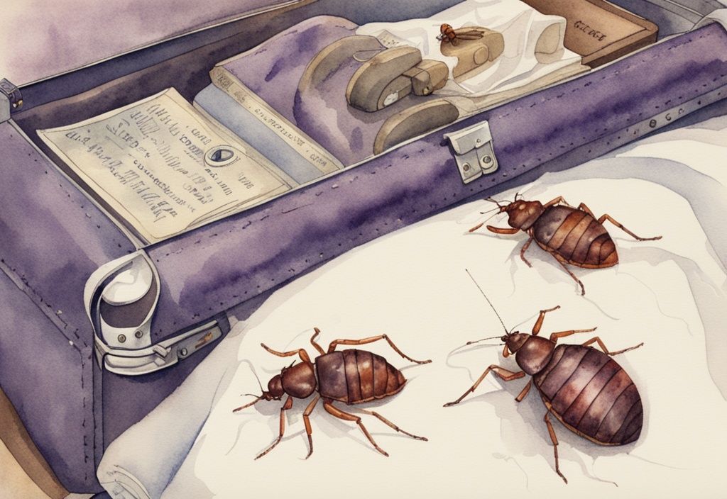 Vintage Aquarellillustration von Bettwanzen, die aus einem Koffer auf das Bett kriechen, zeigt wie kommen Bettwanzen ins Bett.
