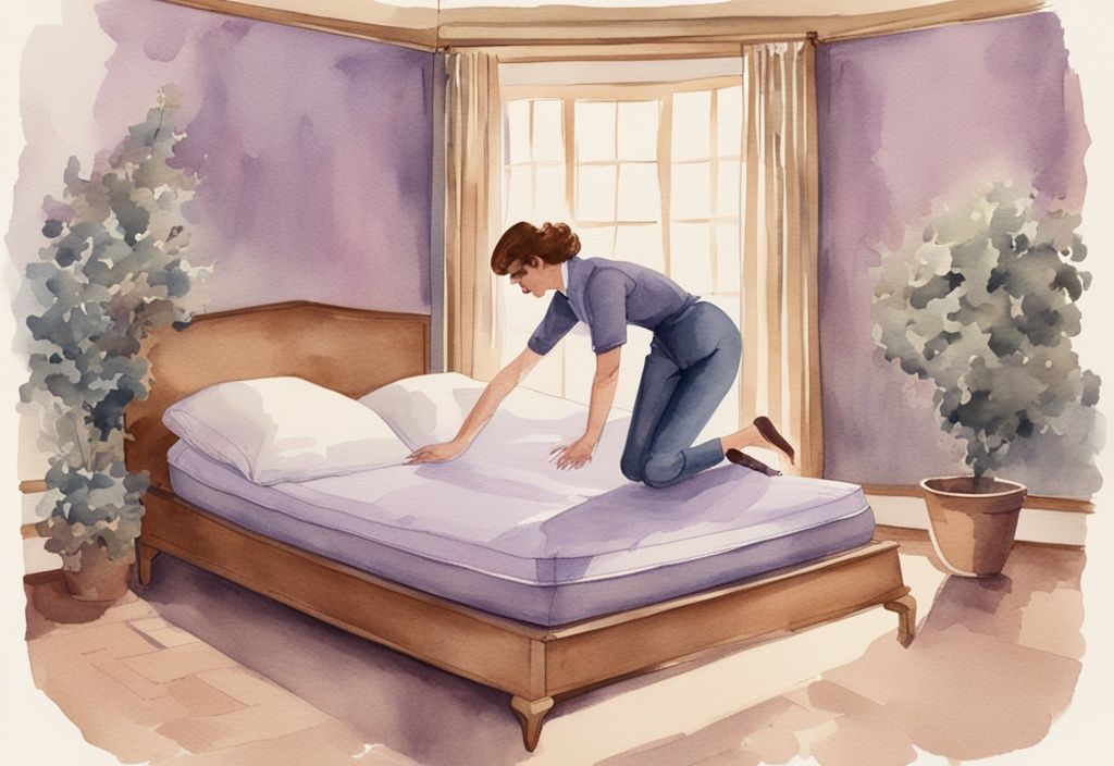 Vintage Aquarell-Illustration einer Person, die eine Emma-Matratze umdreht, mit Lavendelfarben als Hauptthema.