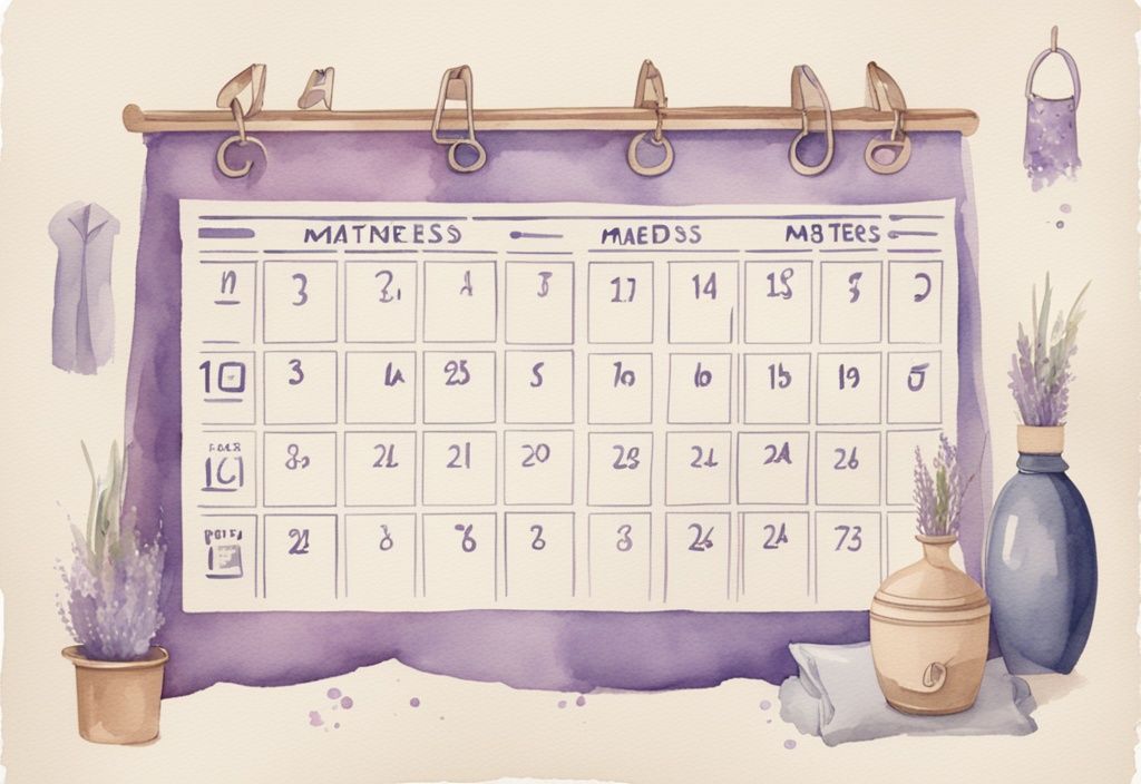 Vintage Aquarell-Illustration eines Kalenders mit Icons von Matratzen, die zeigen, wie oft Matratze wechseln empfohlen wird, in Lavendelfarben.