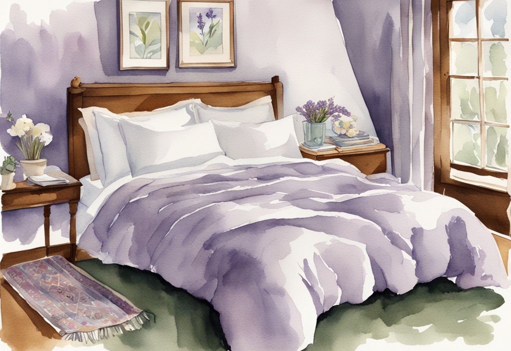 Vintage Aquarellillustration eines ordentlich gemachten Betts mit Perkal-Bettwäsche in Lavendel, Nahaufnahme der Stoffstruktur zur Hervorhebung von Frische und Haltbarkeit.