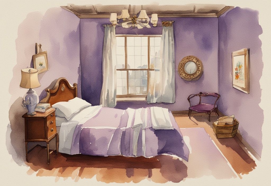 Vintage Aquarellillustration eines ordentlich gemachten Bettes mit frischer Bettwäsche, umgeben von einem Kalender, der zeigt, wie oft sollte man sein Bett neu beziehen (wöchentlich).