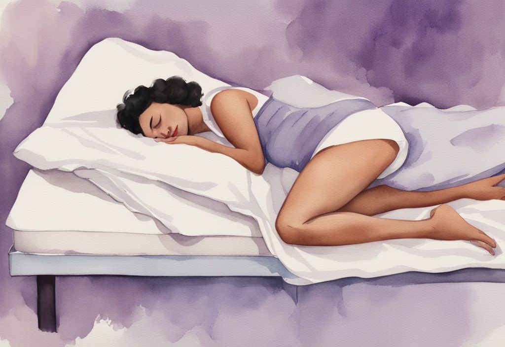 Vintage Aquarellillustration einer Person, die bequem auf der Seite auf einer Matratze schläft, mit hervorgehobener Hüftausrichtung zur Schmerzlinderung, Hauptfarbthema Lavendel.