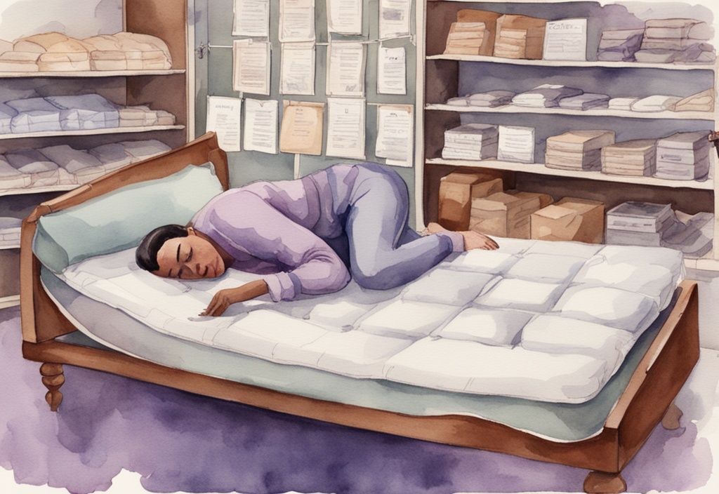 Vintage Aquarellillustration einer Person auf einer Matratze im Geschäft mit Checkliste, Hauptfarbton Lavendel