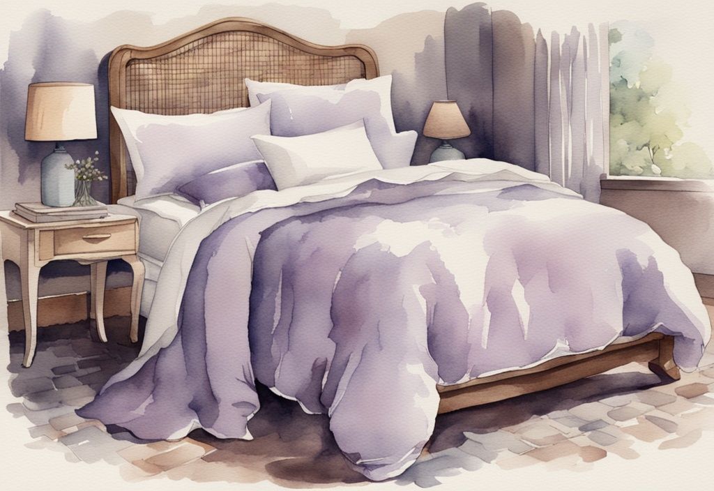 Vintage Aquarellillustration eines ordentlich gemachten Bettes mit Renforcé-Bettwäsche in Lavendel, die ihre einzigartige Webart und hochwertige Baumwollqualität zeigt.