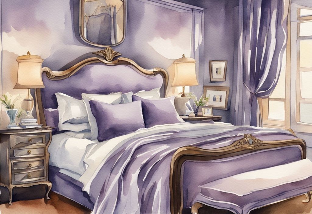Vintage Aquarell-Illustration eines luxuriösen Schlafzimmers mit Lavendel-Farbthema und eleganter Bettwäsche aus glänzendem Satin.
