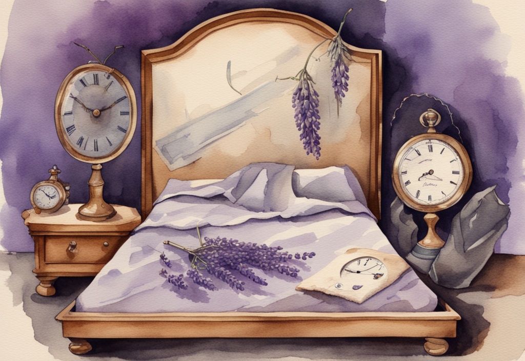 Vintage Aquarellillustration mit Lavendelthema, vergrößertes Bild von Läusen auf Bettlaken und Sanduhr, die den Zeitverlauf darstellt