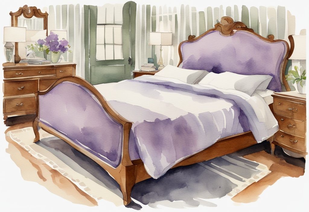 Vintage-Aquarell-Illustration eines elegant eingerichteten Schlafzimmers mit einem Queen-Size-Bett und angegebenen Maßen, Hauptfarbe Lavendel