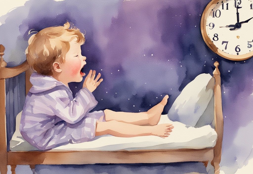 Vintage Aquarellillustration eines Kindes im Schlafanzug, das gähnt und auf eine Digitaluhr mit früher Abendzeit schaut, Hauptfarbe Lavendel.