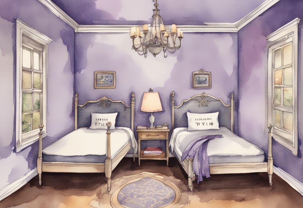 Vintage Aquarell-Illustration eines gut dekorierten Zimmers mit einem Twin-Bett, das mit den Maßen und dem Label "Twin Bed" versehen ist. Hauptfarbthema Lavendel. Keyword: was ist ein Twin Bett.