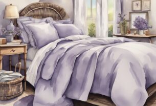 Vintage Aquarellillustration eines ordentlich gemachten Bettes mit Polycotton Bettwäsche, Nahaufnahme des Gewebes zur Hervorhebung der einzigartigen Mischung aus Polyester und Baumwolle, was ist Polycotton Bettwäsche.