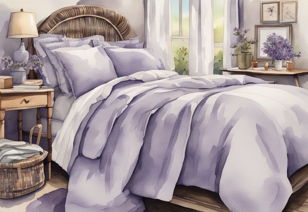 Vintage Aquarellillustration eines ordentlich gemachten Bettes mit Polycotton Bettwäsche, Nahaufnahme des Gewebes zur Hervorhebung der einzigartigen Mischung aus Polyester und Baumwolle, was ist Polycotton Bettwäsche.