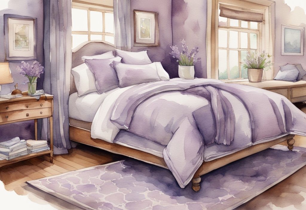 Vintage Aquarell-Illustration eines Matratzenangebots in einem gemütlichen Schlafzimmer mit Lavendel-Farbschema