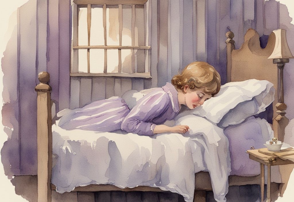 Vintage-Aquarellillustration einer verwirrten Person, die die Holzlatten und Federn eines quietschenden Bettes untersucht, Hauptfarbthema Lavendel - warum quietscht mein Bett.