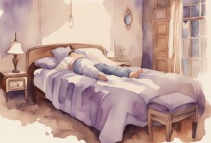 Vintage-Aquarellillustration eines friedlich schlafenden Menschen am Bettrand, umgeben von einer schwachen Umrisslinie, die das Unterbewusstsein darstellt und erklärt, warum fällt man nicht aus dem Bett.