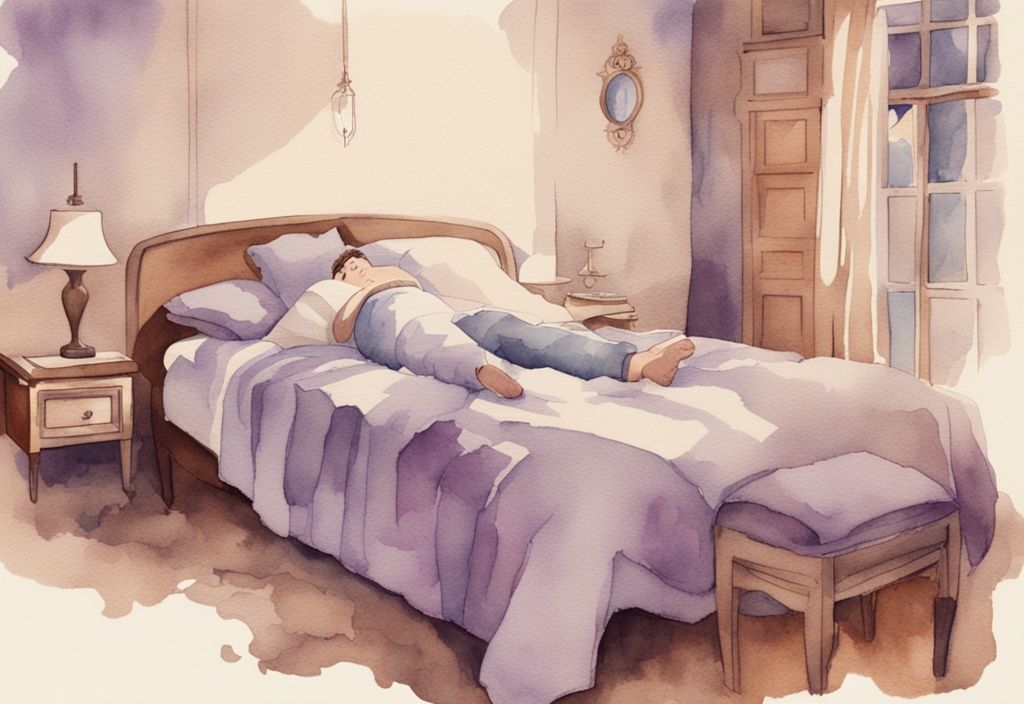 Vintage-Aquarellillustration eines friedlich schlafenden Menschen am Bettrand, umgeben von einer schwachen Umrisslinie, die das Unterbewusstsein darstellt und erklärt, warum fällt man nicht aus dem Bett.