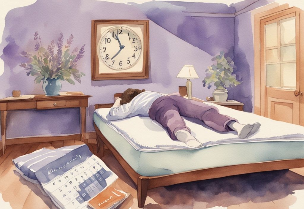Vintage Aquarellillustration einer Person auf einer durchhängenden neuen Matratze mit Kalender im Hintergrund, der eine zu frühe Nutzung zeigt, Hauptfarbthema Lavendel.