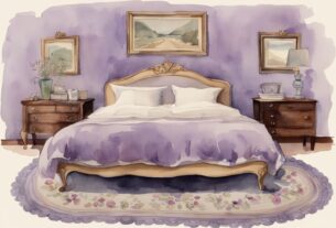 Vintage Aquarell-Illustration eines Queensize-Betts mit Abmessungen, dekoriertem Zimmer zur Größenreferenz, wie groß ist ein Queensize Bett.