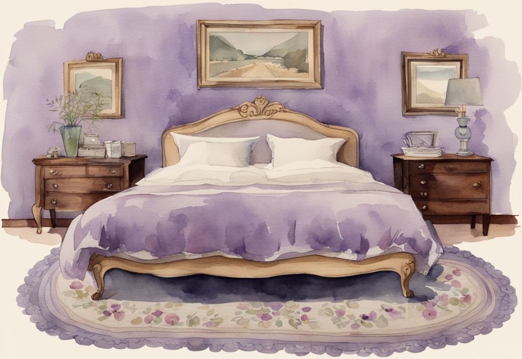 Vintage Aquarell-Illustration eines Queensize-Betts mit Abmessungen, dekoriertem Zimmer zur Größenreferenz, wie groß ist ein Queensize Bett.