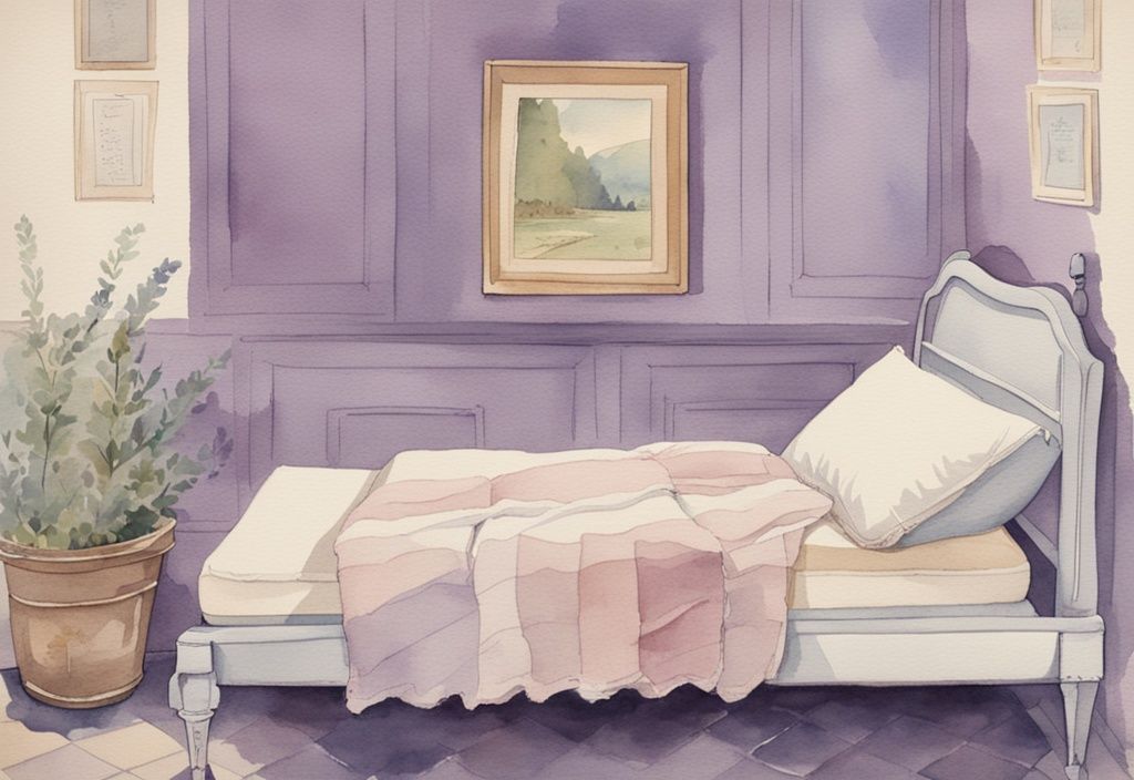 Vintage-Aquarell-Illustration eines Seitenschläfers auf einer Matratze, mit verschiedenen Matratzenarten für Seitenschläfer beschriftet, Hauptfarbthema Lavendel.