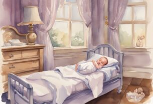 Vintage Aquarellillustration mit Lavendelfarben, ein Baby schläft friedlich auf einer sicheren und bequemen Matratze, umgeben von verschiedenen Babymatratzen – welche Matratze für Baby.