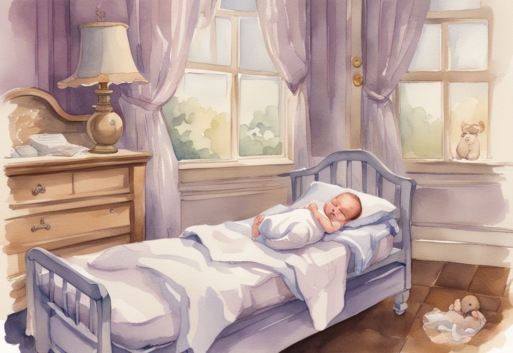 Vintage Aquarellillustration mit Lavendelfarben, ein Baby schläft friedlich auf einer sicheren und bequemen Matratze, umgeben von verschiedenen Babymatratzen – welche Matratze für Baby.