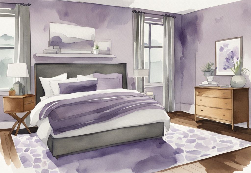 Vintage Aquarell-Illustration eines modernen Schlafzimmers mit grauem Bett und lavendelfarbener Wand.