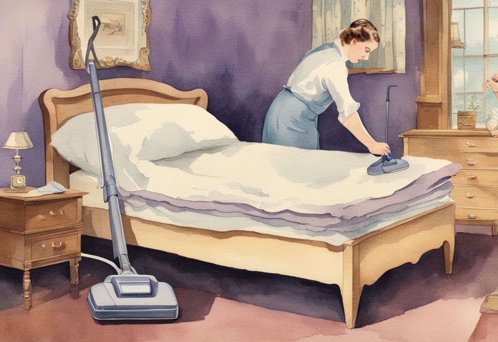 Vintage-Aquarellillustration einer Person, die ein Bett gründlich mit einem Staubsauger reinigt, mit vergrößertem Ausschnitt, der zeigt, wie Milben entfernt werden – was tun gegen Milben im Bett