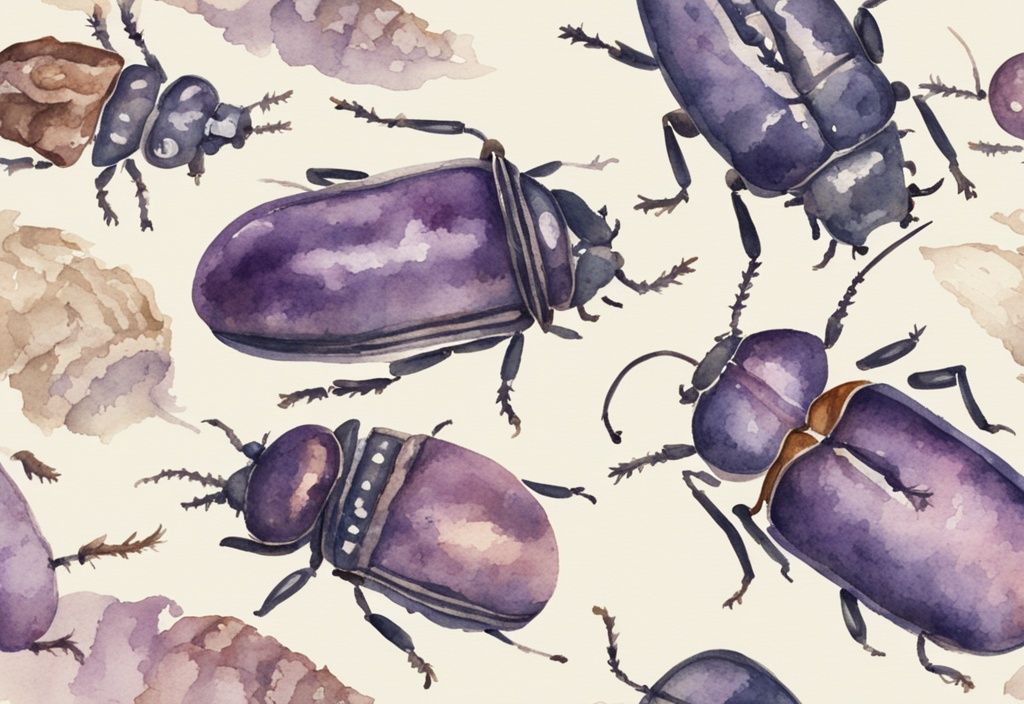 Vintage Aquarell-Illustration, Nahaufnahme eines Bettes mit Teppichkäferlarven auf Bettwäsche und Kissen, Hauptfarbthema Lavendel