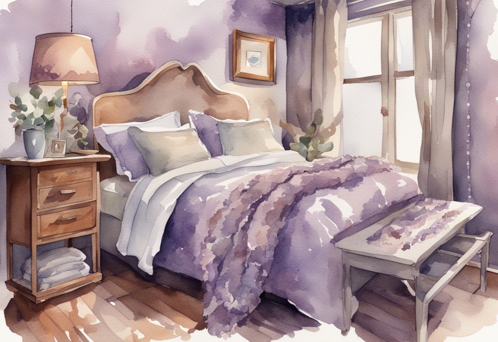 Vintage Aquarell-Illustration eines gemütlichen Schlafzimmers mit lavendelfarbener Winterbettwäsche in verschiedenen Texturen und Mustern.