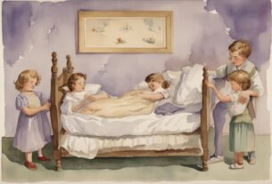 Vintage-Aquarell-Illustration mit Lavendel-Thema zeigt eine Zeitleiste, auf der Kinder in verschiedenen Altersstufen im Bett liegen; ältere Kinder schlafen bequem, ohne herauszufallen - ab wann fallen Kinder nicht mehr aus dem Bett.
