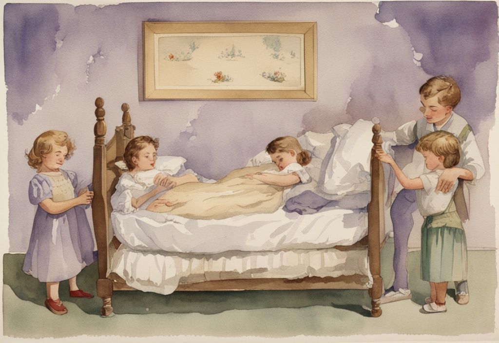 Vintage-Aquarell-Illustration mit Lavendel-Thema zeigt eine Zeitleiste, auf der Kinder in verschiedenen Altersstufen im Bett liegen; ältere Kinder schlafen bequem, ohne herauszufallen - ab wann fallen Kinder nicht mehr aus dem Bett.