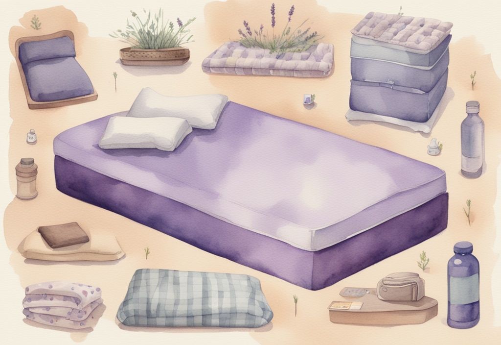 Vintage Aquarell-Illustration in Lavendel mit verschiedenen Matratzenhärten und Icons für übergewichtige Personen