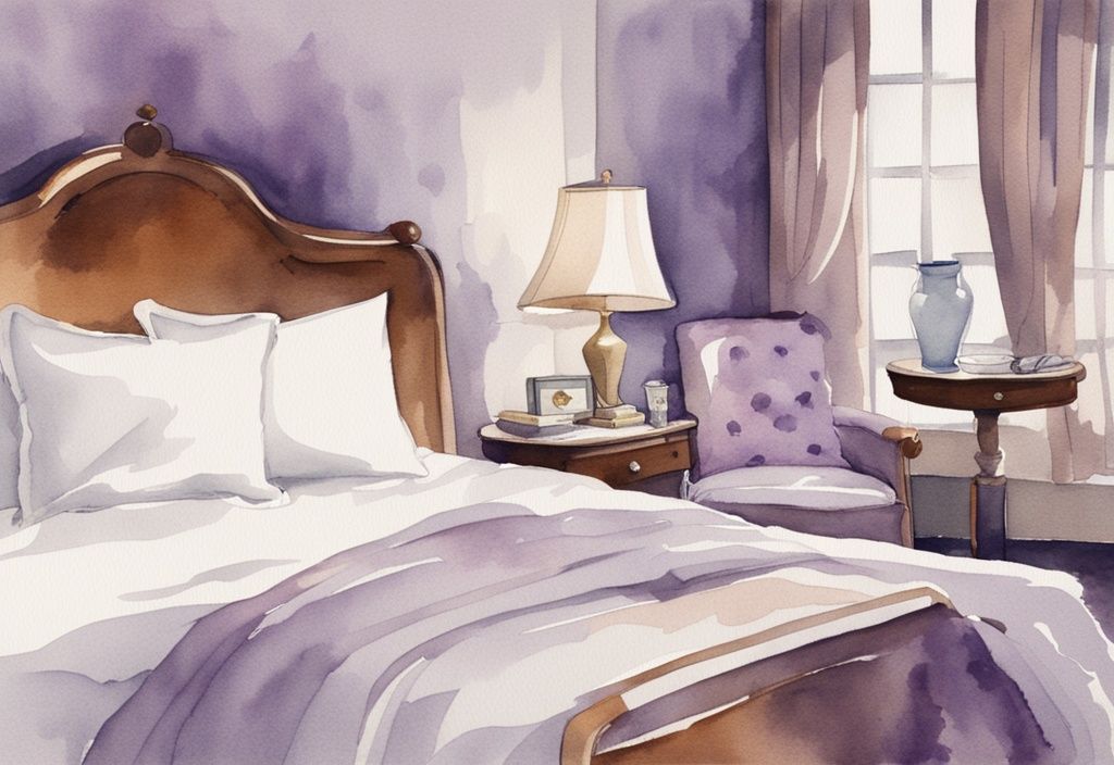 Vintage Aquarellillustration eines ordentlich gemachten Betts mit weißen Bettwäsche, flauschigen Kissen und einer gefalteten Decke am Fußende, in Lavendelfarben gehalten.