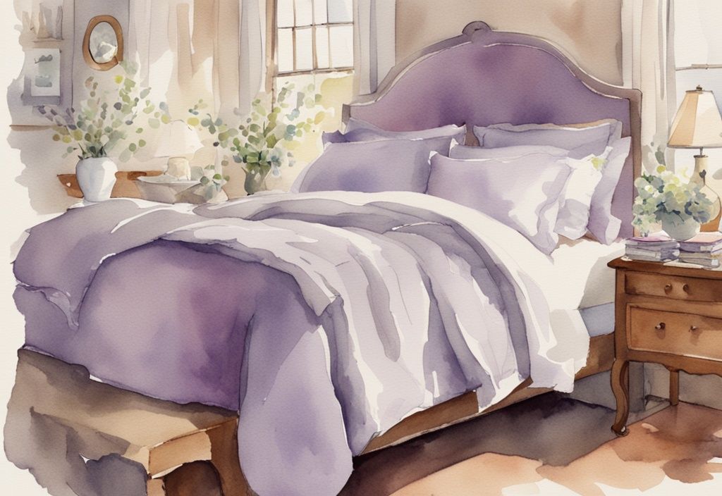 Vintage Aquarellillustration eines ordentlich gemachten Bettes mit Perkal Bettwäsche in Lavendelfarben, einschließlich frischer Laken, Kissenbezügen und einer Bettdecke, mit einem kleinen Etikett, das die Stoffart angibt. was ist Perkal Bettwäsche
