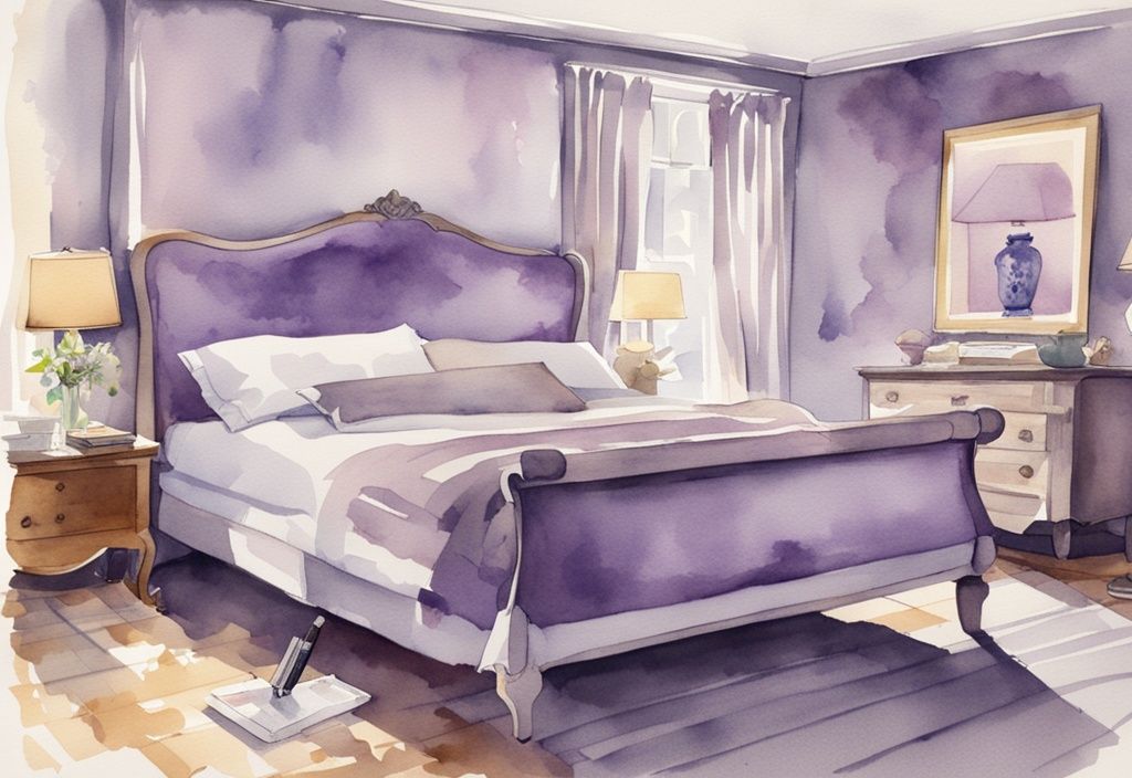 Vintage Aquarell-Illustration eines geräumigen Schlafzimmers mit einem Kingsize-Bett und einem Maßband zur Hervorhebung der Abmessungen, Hauptfarbe Lavendel.