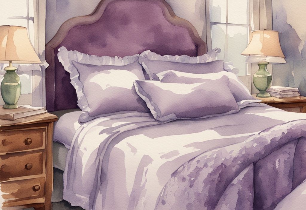 Vintage Aquarell-Illustration mit Lavendel-Farbthema, zeigt gemütliches Frottee-Bettwäsche-Set neben einem leeren, ungemütlichen Bett ohne Bettwäsche