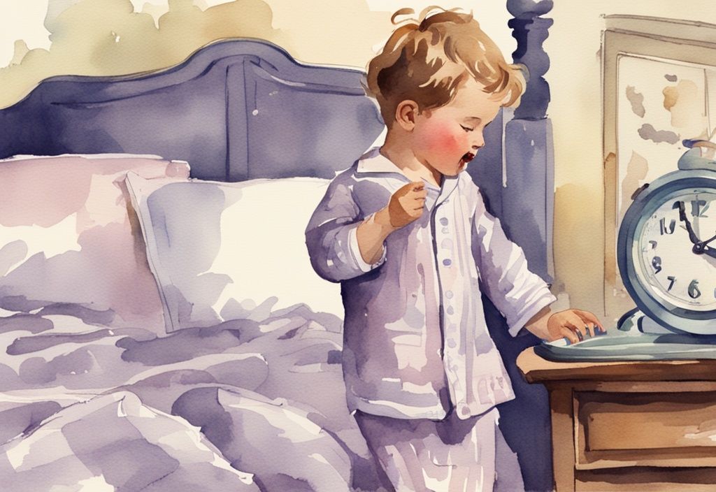 Vintage Aquarellillustration eines Kindes in Pyjama, das gähnt und auf eine Digitaluhr mit früher Abendzeit schaut, Hauptfarbthema Lavendel.