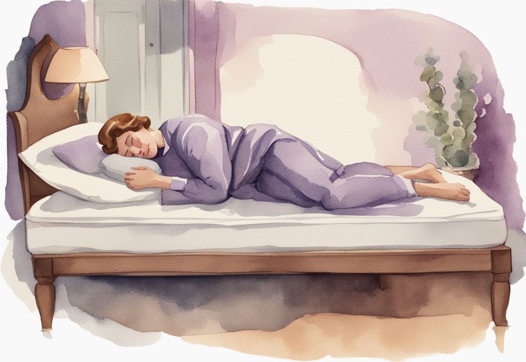 Vintage Aquarellillustration einer Person mit Bandscheibenvorfall, die bequem auf einer speziell entwickelten Matratze schläft, mit Lavendelfarben betont.